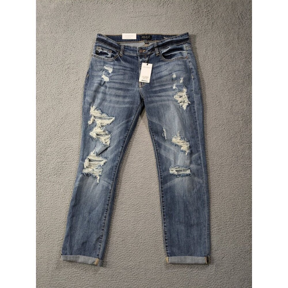 Judy Blue Jeans Womens 11/30 Boyfriend Fit Distressed Destroyed Stretch Blue
